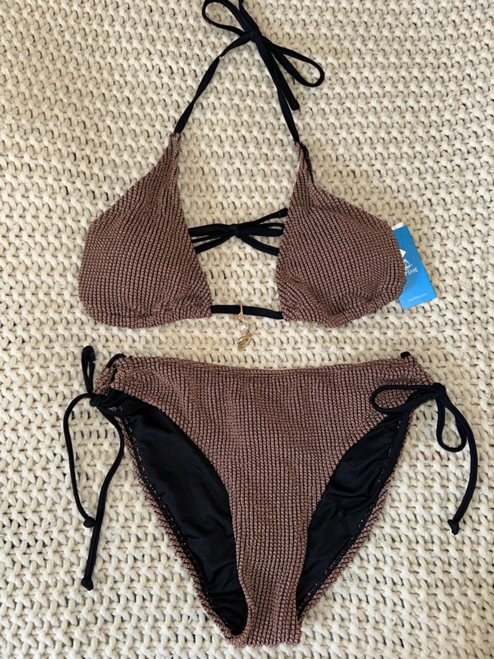 Cupshe Oceanside Charm Brown Bikini Set w/adustable halter straps Small- NEW